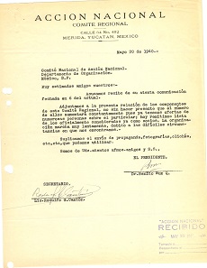 Archivo Histrico Carta al Comit Nacional de Accin Nacional, donde manda una lista de los socios del Comit Regional de Yucatn
