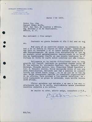 Archivo Hist�rico Carta a Manuel G�mez Morin para informar sobre la integraci�n del Comit� en Jalisco