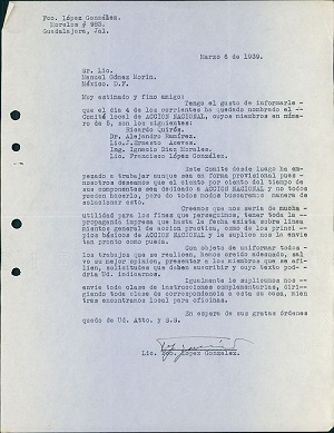 Archivo Hist�rico Carta a Manuel G�mez Mor�n  del Comit� Local de Jalisco