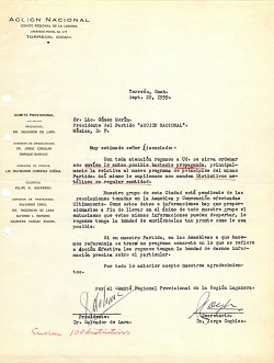 Archivo Hist�rico Carta  para Manuel G�mez Morin, para solicitar propaganda del Acci�n Nacional