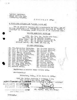 Archivo Hist�rico Circular de Carlos Chavira B.  a los miembros de Acci�n Nacional del Comit� Regional de Chihuahua, para informar como quedo el Consejo y  el Comit� 